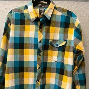 Billabong Men’s Flannel Plaid Shirt Size Large Yellow, Blue, Black and White